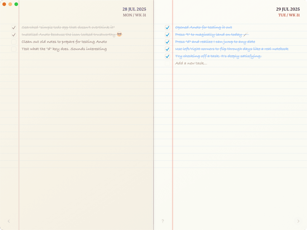 Anoto showing two notebook pages: Monday with two tasks ticked off and two left open, and Tuesday with five finished tasks and a line for a new one.